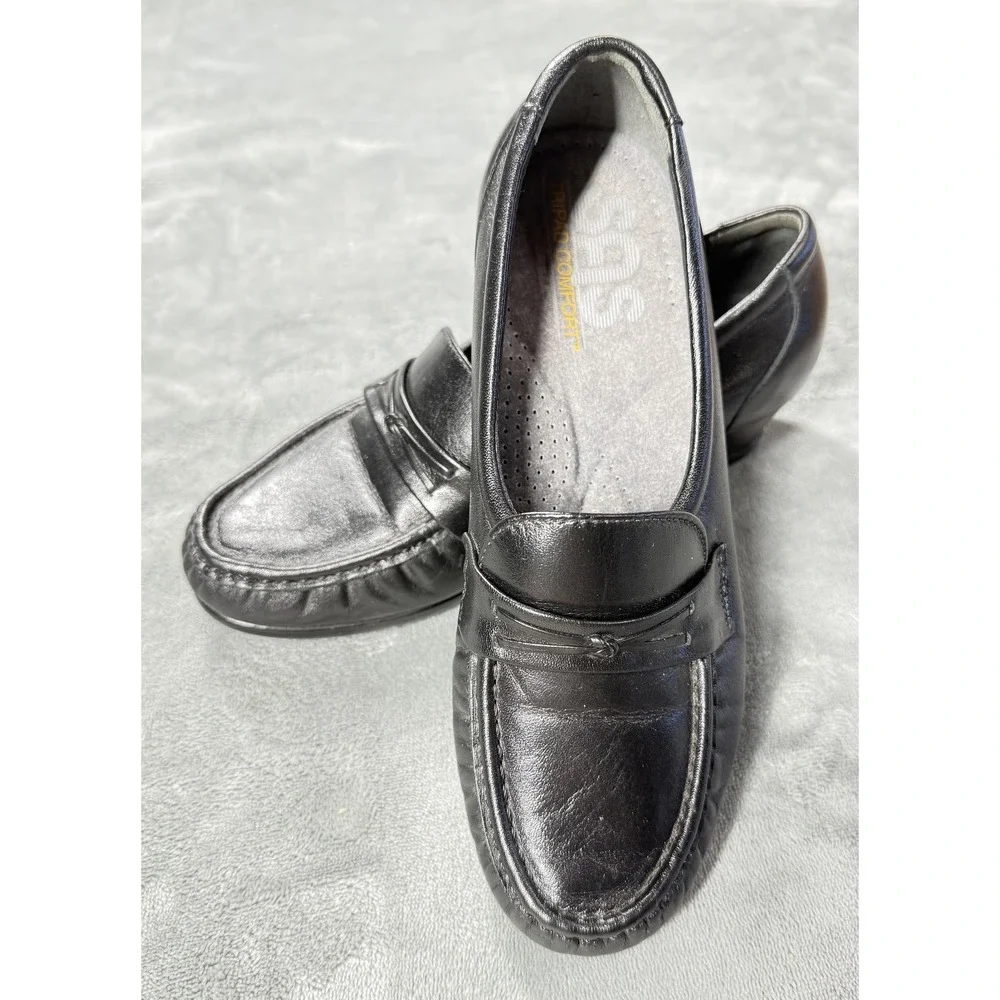 SAS Shoes Womens Size 5.5‎ Black Leather Tripad Comfort Wedge Loafers Slip On